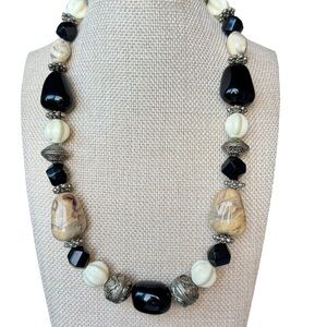 Black and Cream Beaded Tan and Black Stones Silver-Tone Facet Statement Necklace